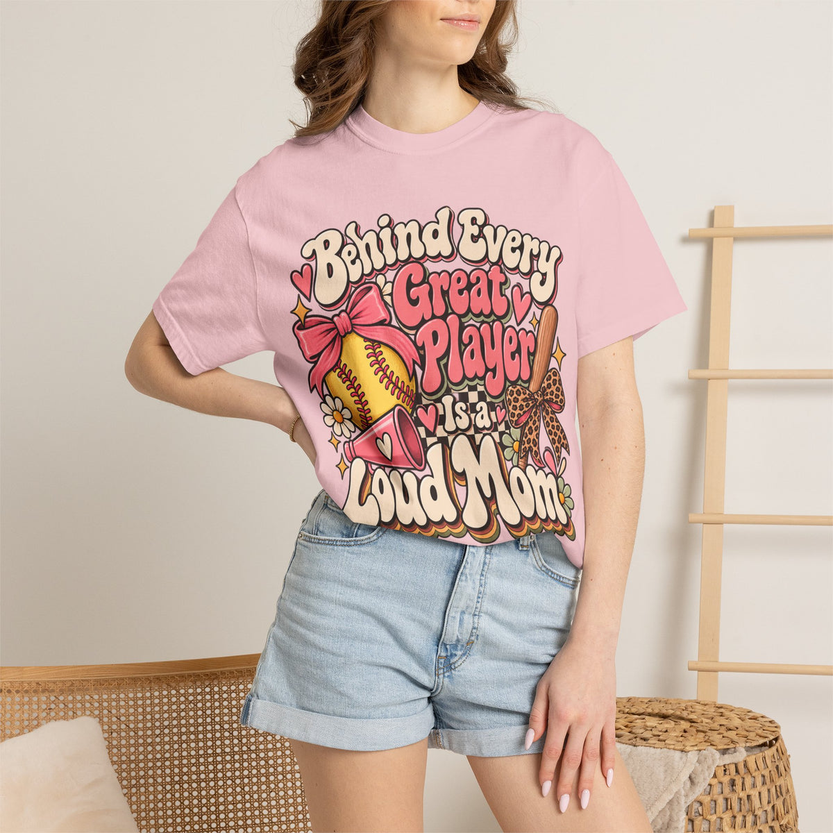 Softball Mom T-Shirt — "Behind Every Great Player Is a Proud Mom" Vintage Floral Design
