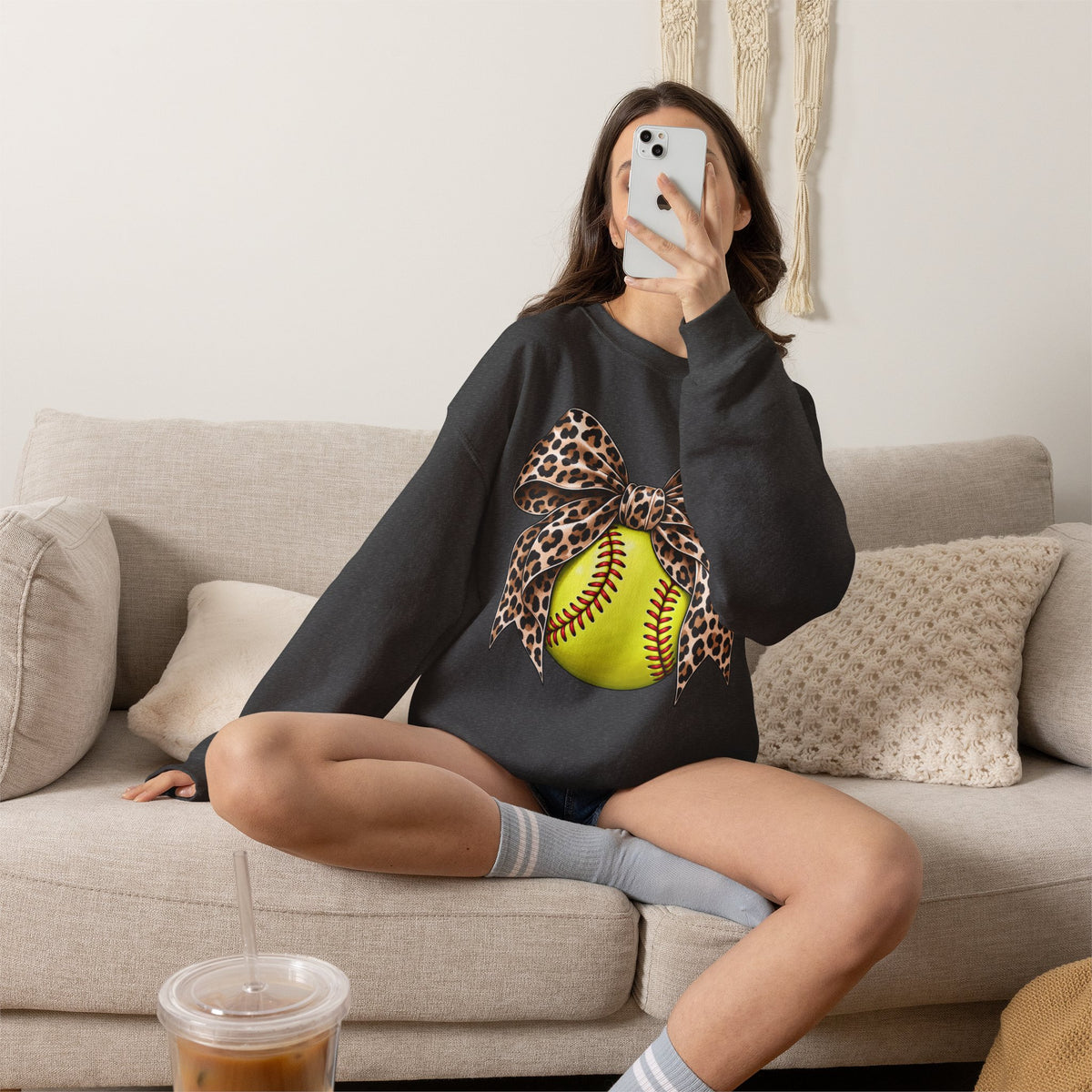 Softball Crewneck Sweatshirt with Leopard Bow Graphic