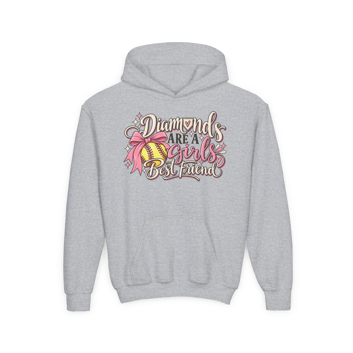 Youth Hoodie - "Diamonds Are A Girl's Best Friend" Softball Design (Pink Ribbon)