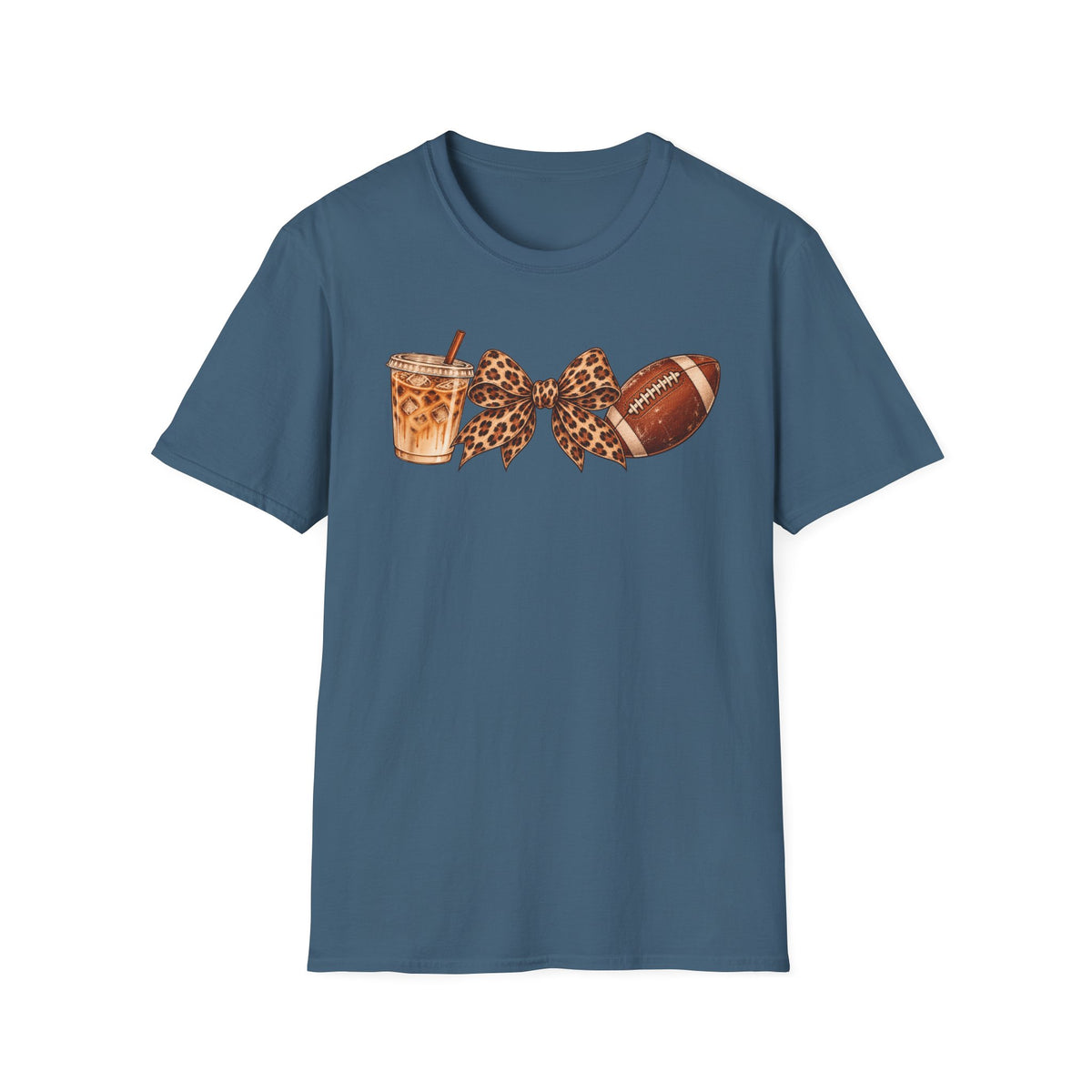 Iced Coffee, Leopard Bow & Football Graphic Tee — Game Day Mom Shirt