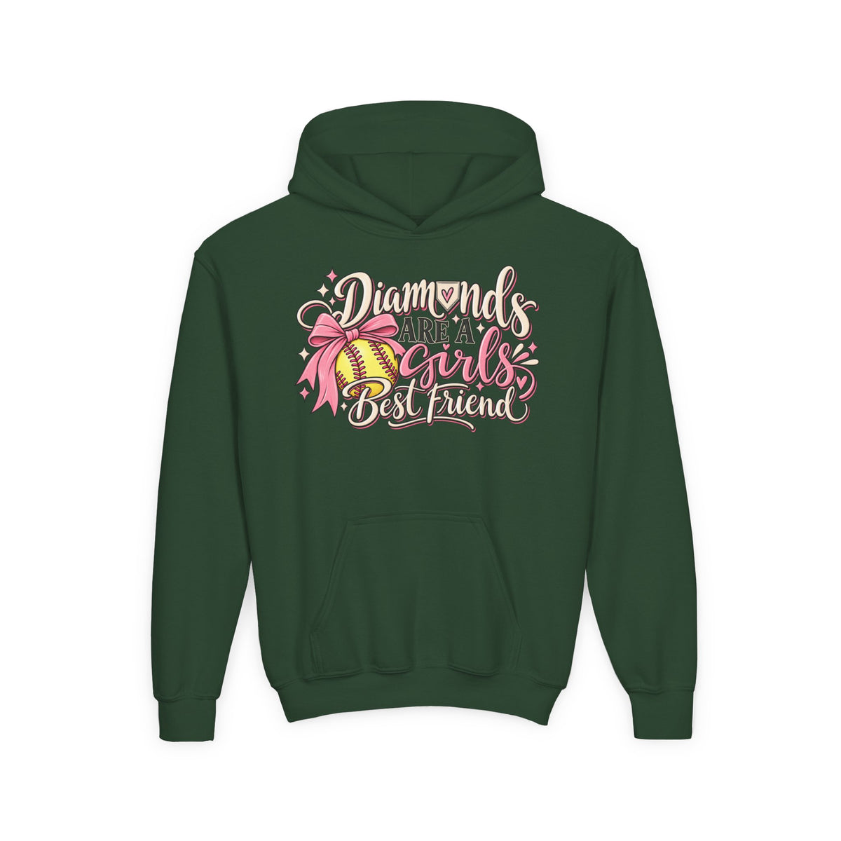 Youth Hoodie - "Diamonds Are A Girl's Best Friend" Softball Design (Pink Ribbon)