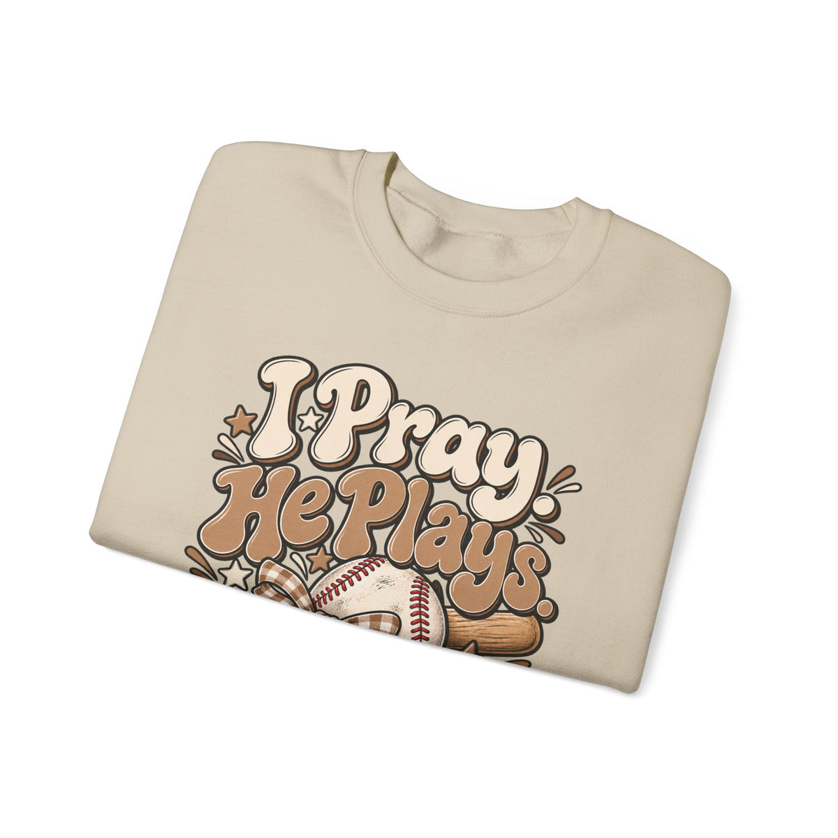 Prayerful Baseball Crewneck Sweatshirt — “I Pray, He Plays, God Leads”