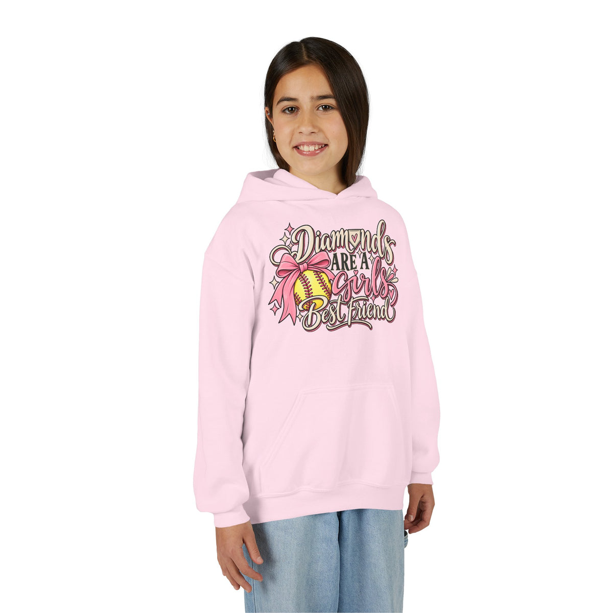 Youth Hoodie - "Diamonds Are A Girl's Best Friend" Softball Design (Pink Ribbon)