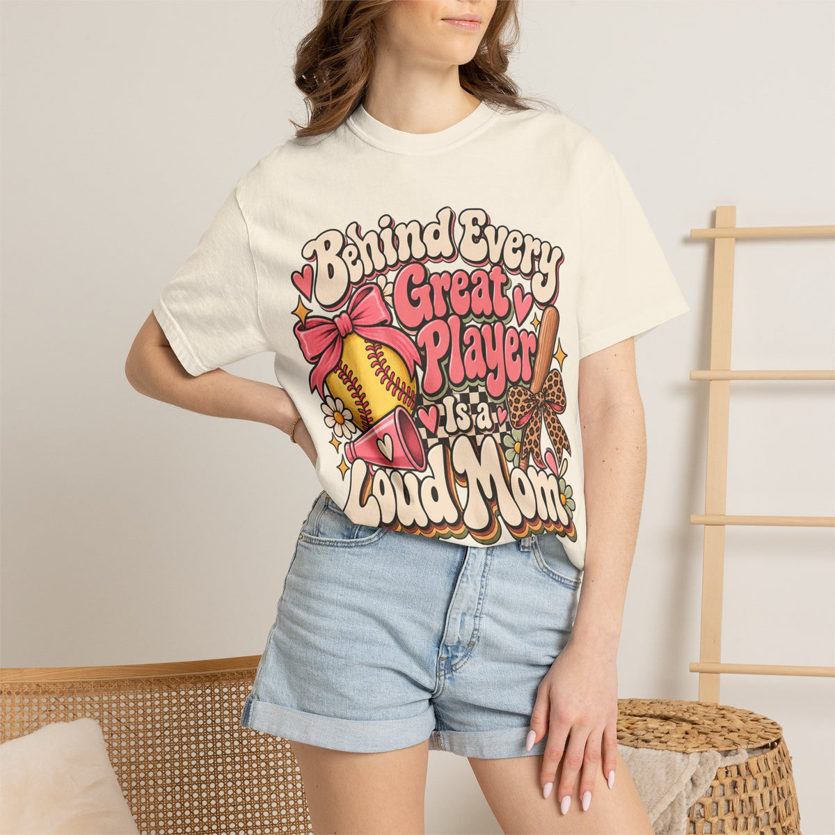 Softball Mom T-Shirt — "Behind Every Great Player Is a Proud Mom" Vintage Floral Design