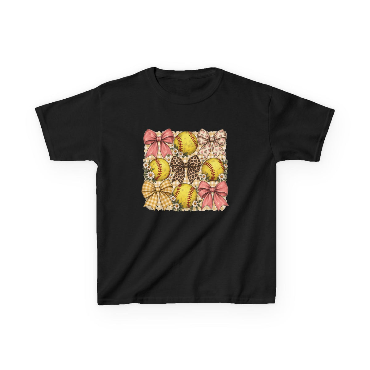 Kids Softball Pattern Tee — Leopard Bows & Ribbons Sports Shirt