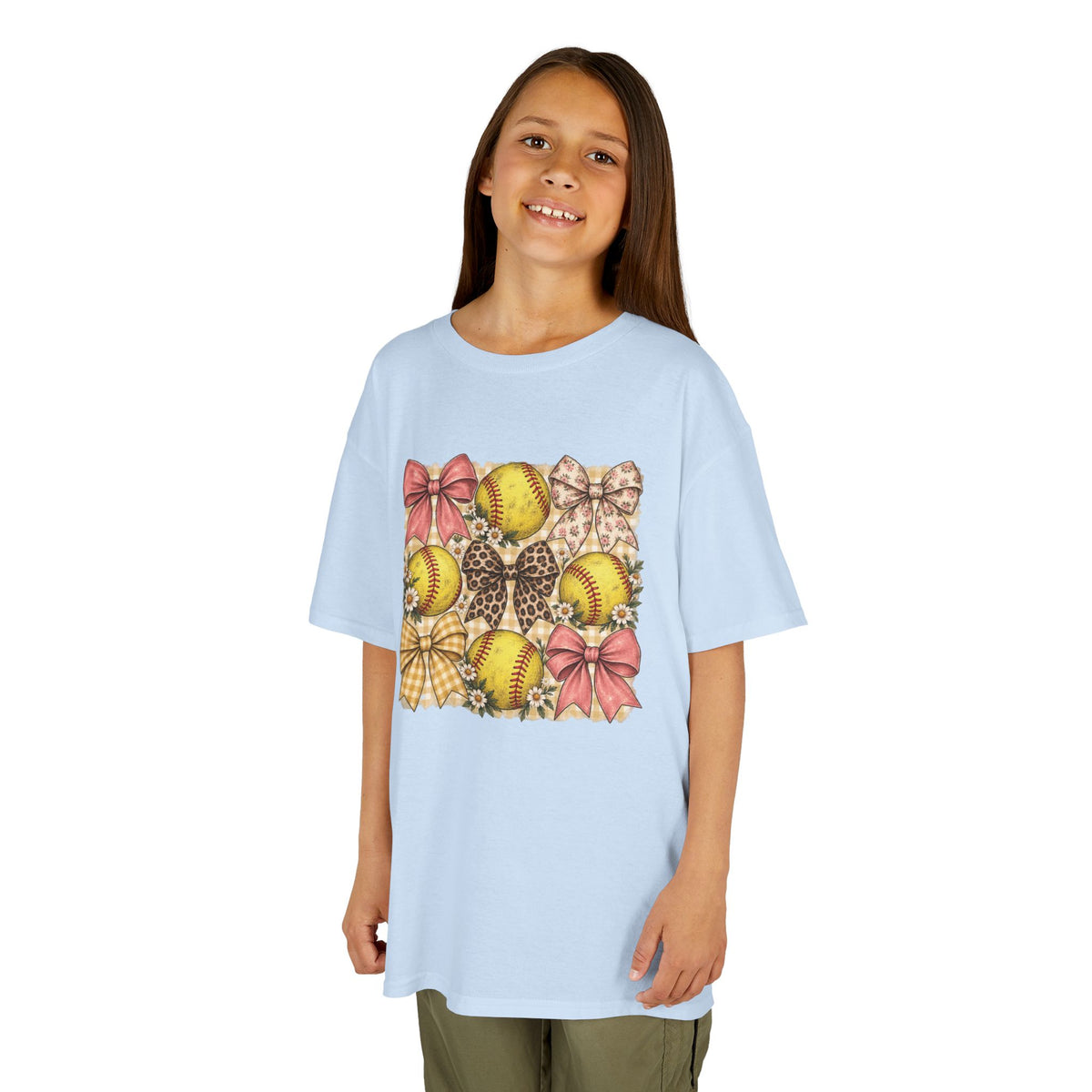Kids Softball Pattern Tee — Leopard Bows & Ribbons Sports Shirt