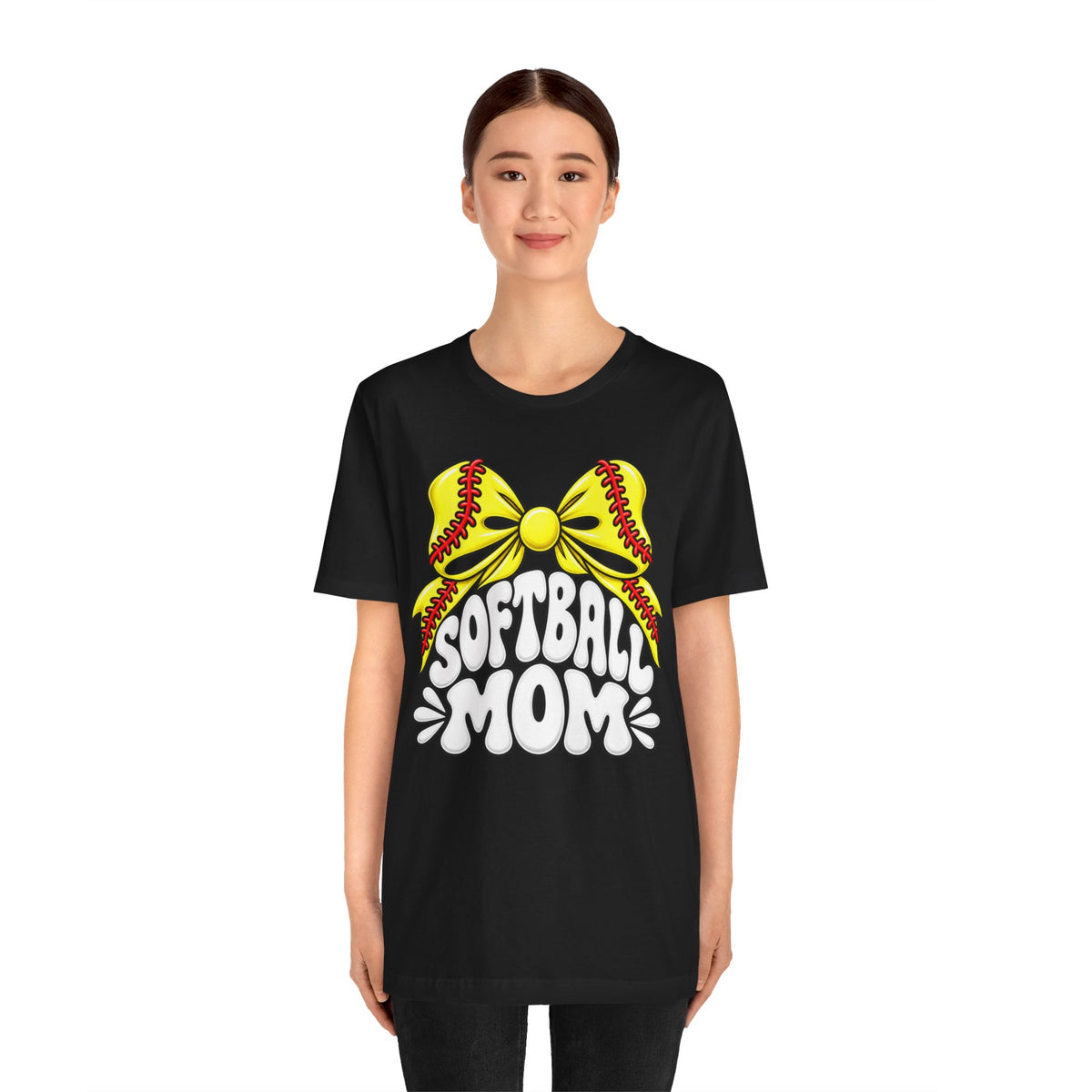 Softball Mom T-Shirt — Yellow Softball Bow Graphic Tee