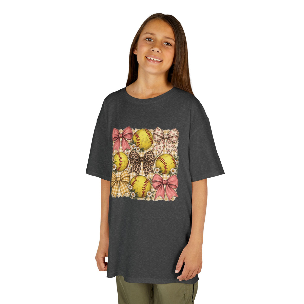 Kids Softball Pattern Tee — Leopard Bows & Ribbons Sports Shirt