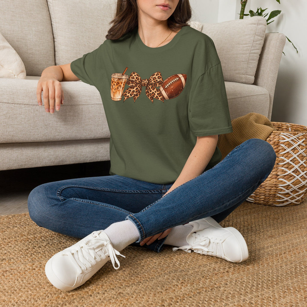Iced Coffee, Leopard Bow & Football Graphic Tee — Game Day Mom Shirt