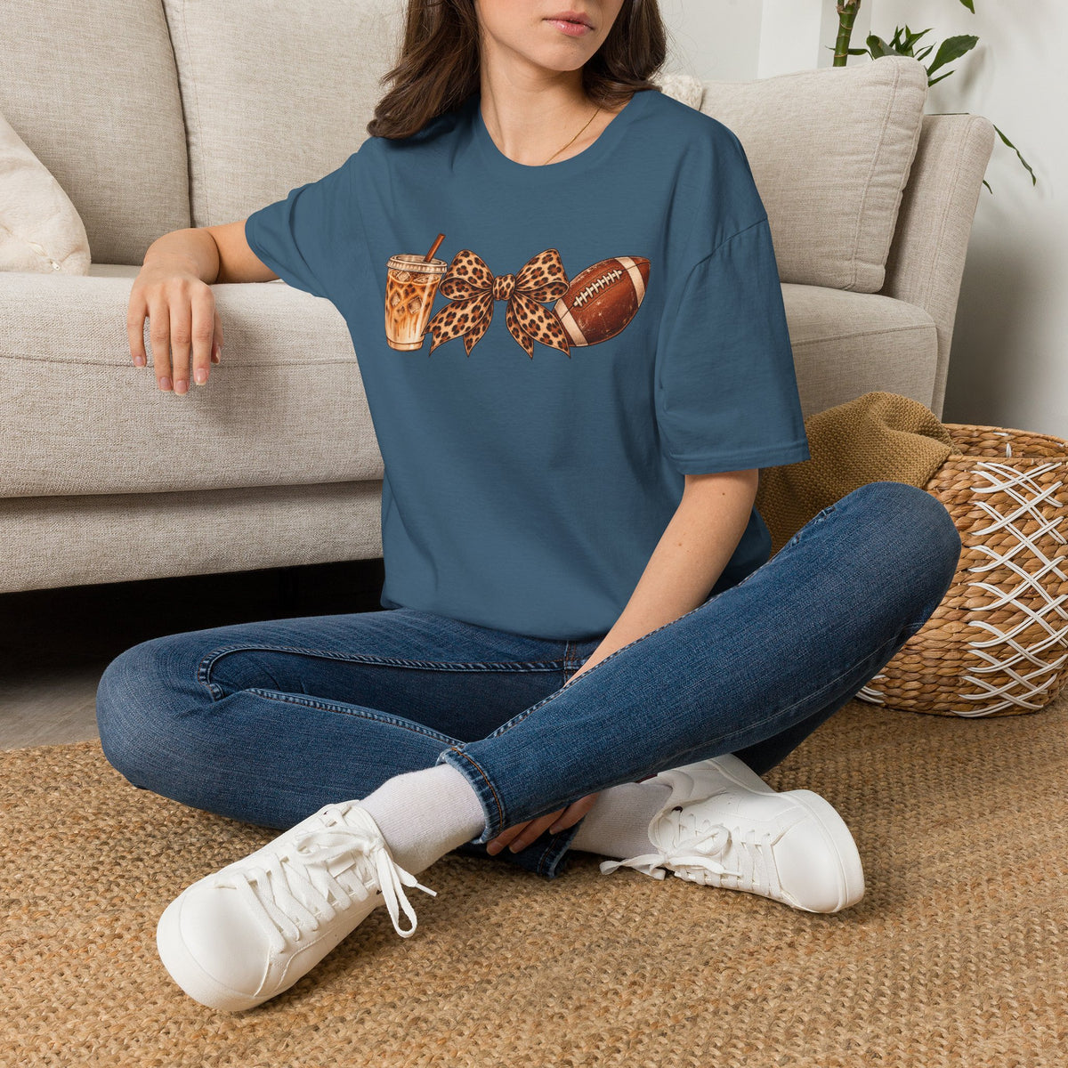 Iced Coffee, Leopard Bow & Football Graphic Tee — Game Day Mom Shirt