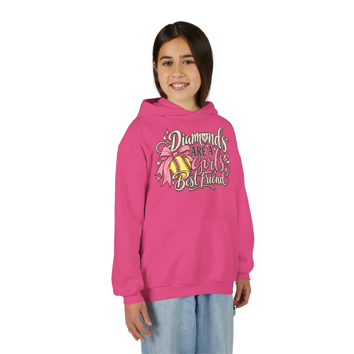 Youth Hoodie - "Diamonds Are A Girl's Best Friend" Softball Design (Pink Ribbon)