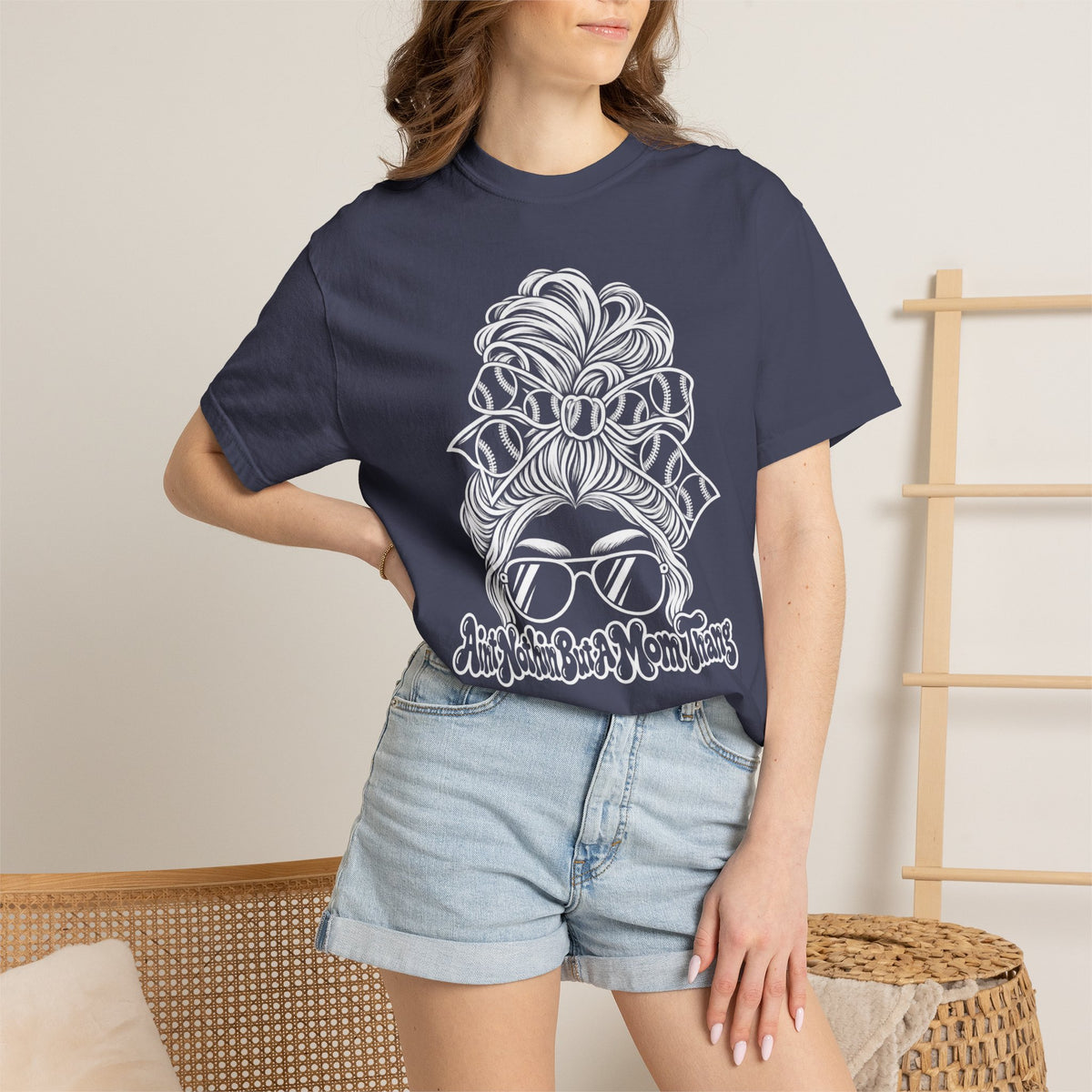 Aint Nothin But A Mom Thang Messy Bun Sunglasses T‑Shirt — Baseball Hairband Graphic Tee