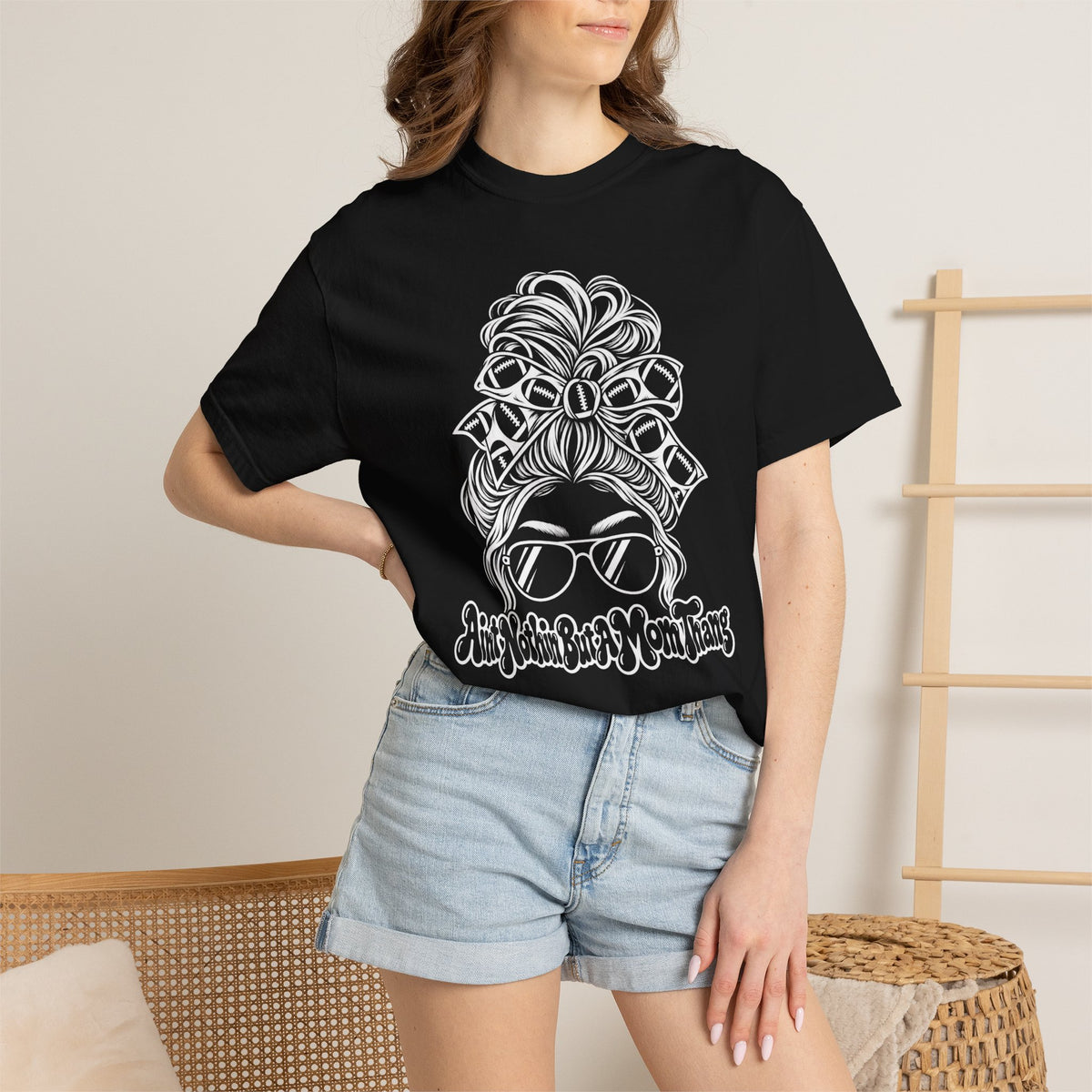 Aint Nothin But A Mom Thang Messy Bun Sunglasses T-Shirt — Football Headband Graphic Tee