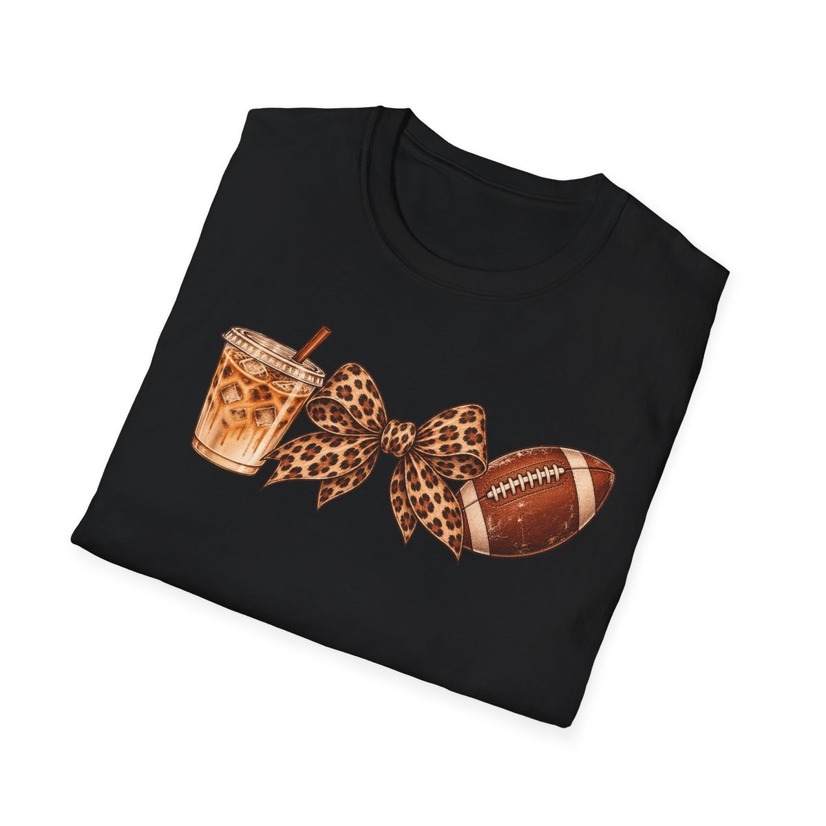 Iced Coffee, Leopard Bow & Football Graphic Tee — Game Day Mom Shirt