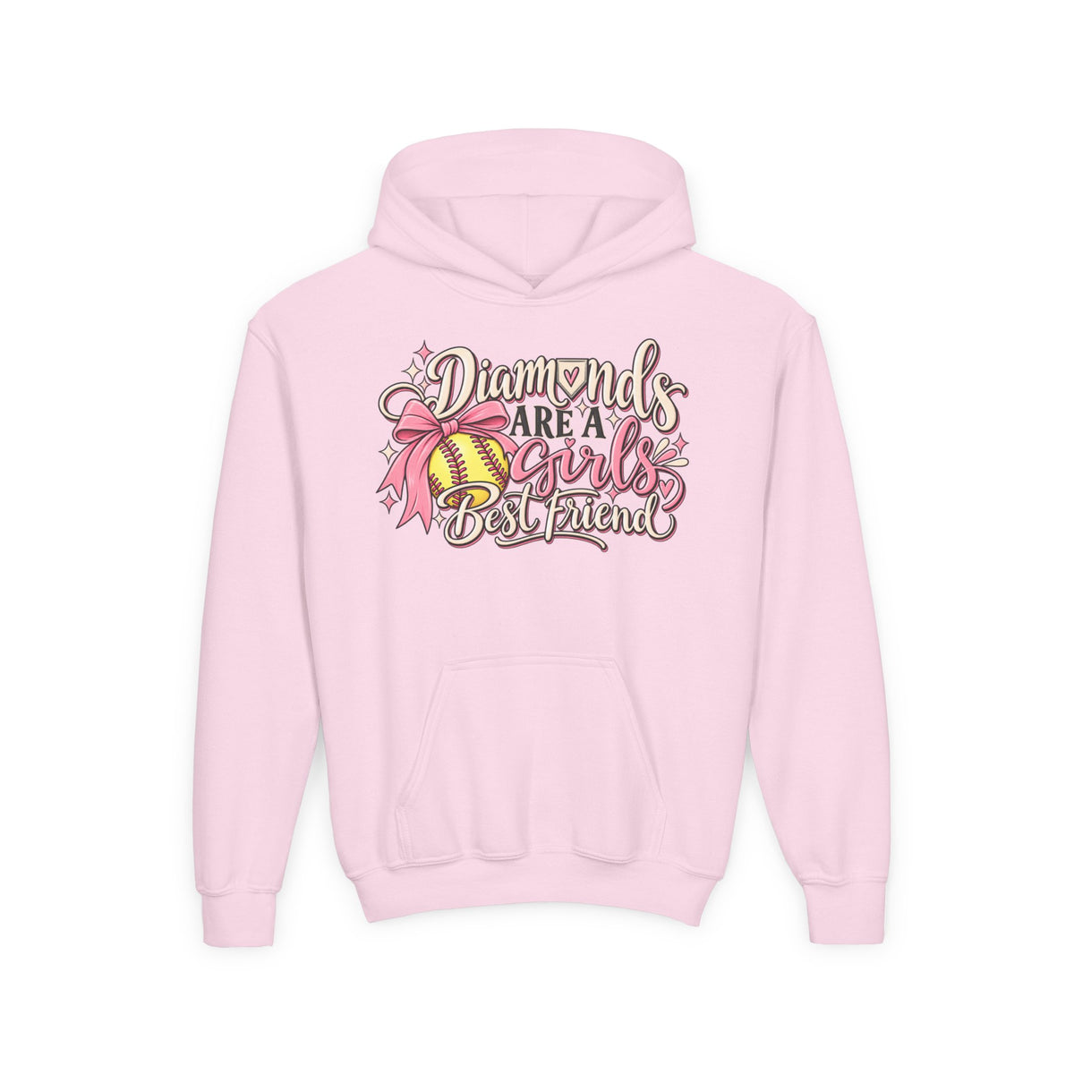 Youth Hoodie - "Diamonds Are A Girl's Best Friend" Softball Design (Pink Ribbon)