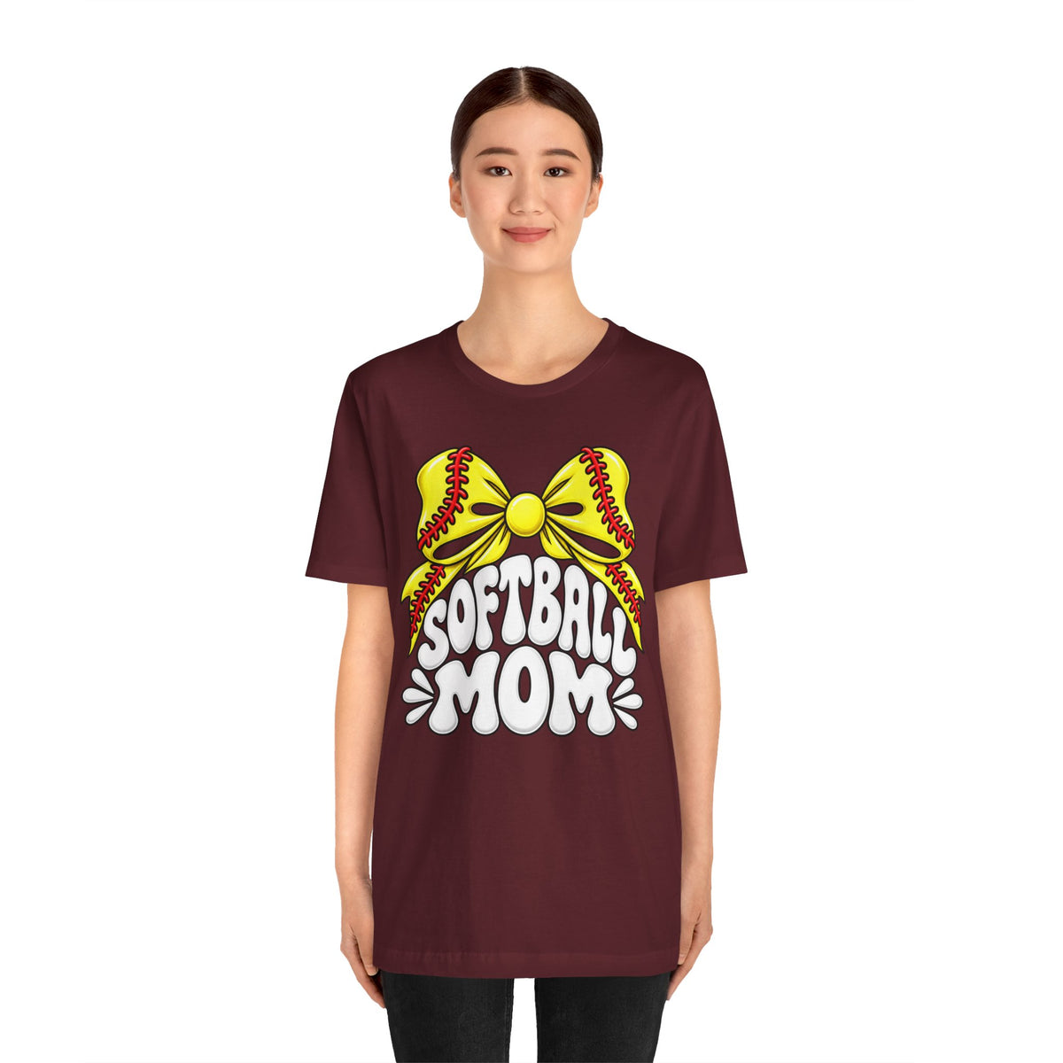 Softball Mom T-Shirt — Yellow Softball Bow Graphic Tee