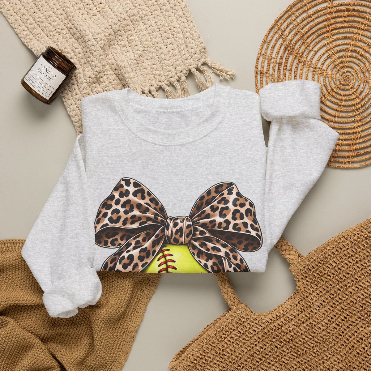 Softball Crewneck Sweatshirt with Leopard Bow Graphic