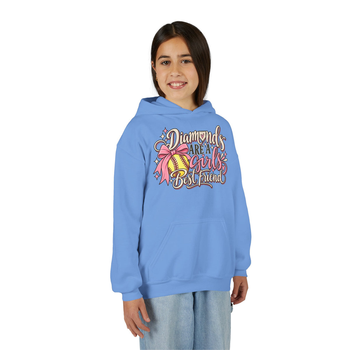 Youth Hoodie - "Diamonds Are A Girl's Best Friend" Softball Design (Pink Ribbon)