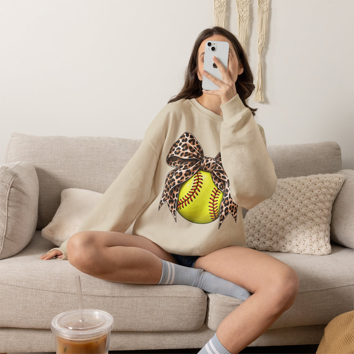 Softball Crewneck Sweatshirt with Leopard Bow Graphic