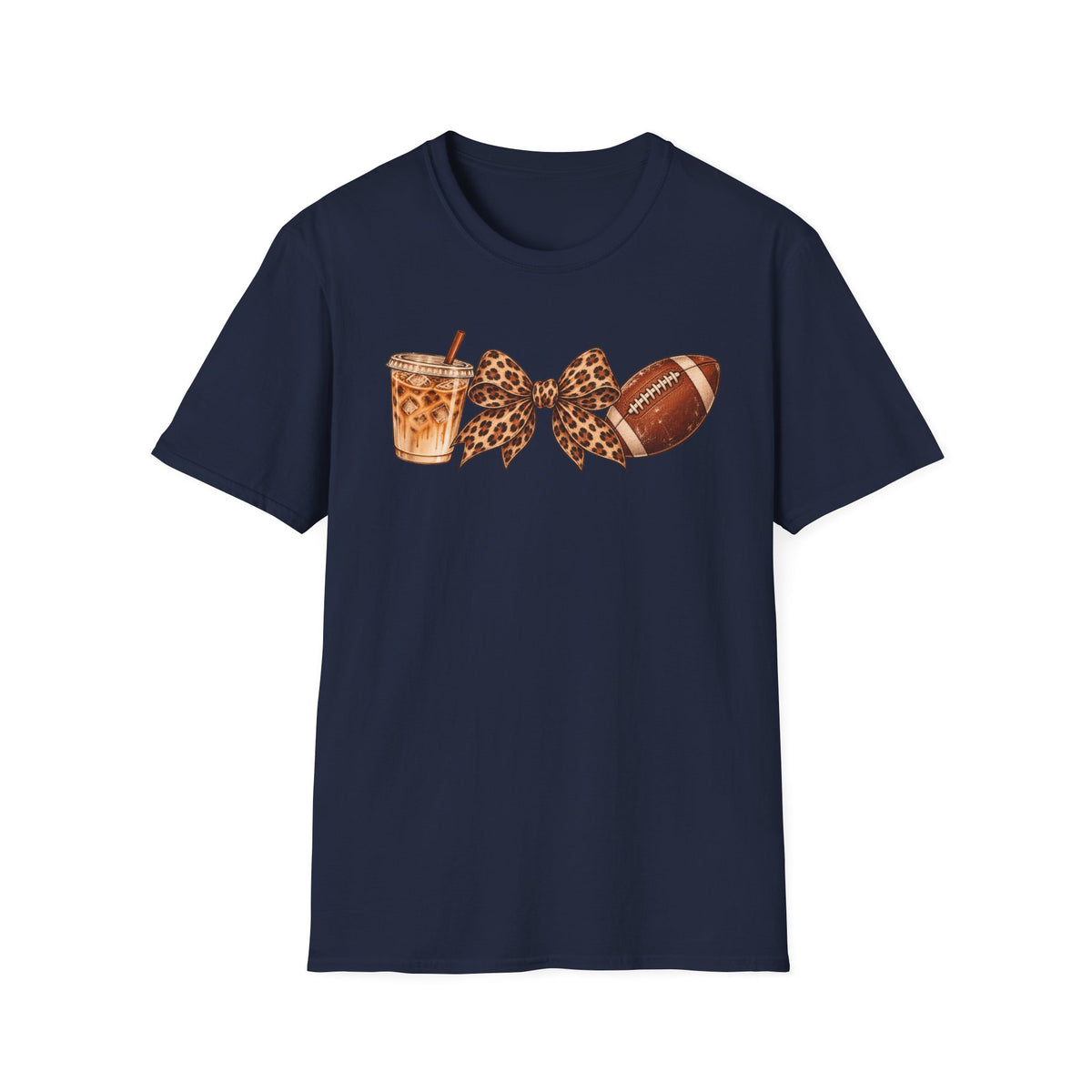 Iced Coffee, Leopard Bow & Football Graphic Tee — Game Day Mom Shirt