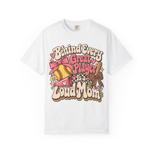 Softball Mom T-Shirt — "Behind Every Great Player Is a Proud Mom" Vintage Floral Design
