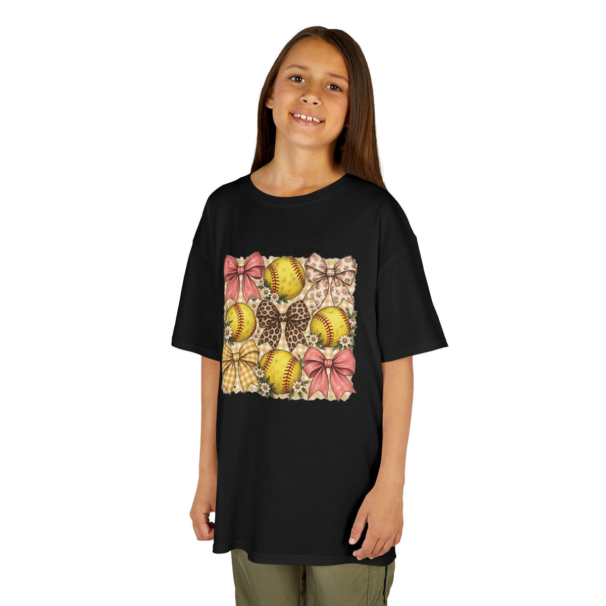 Kids Softball Pattern Tee — Leopard Bows & Ribbons Sports Shirt