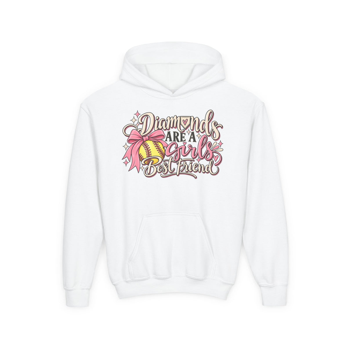 Youth Hoodie - "Diamonds Are A Girl's Best Friend" Softball Design (Pink Ribbon)