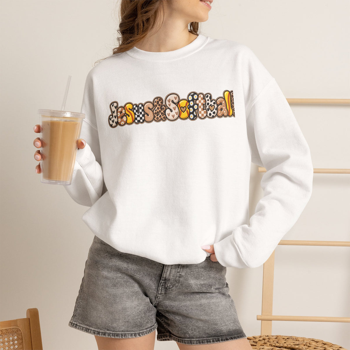 Jesus and Softball Cutsey Design Crewneck Sweatshirt