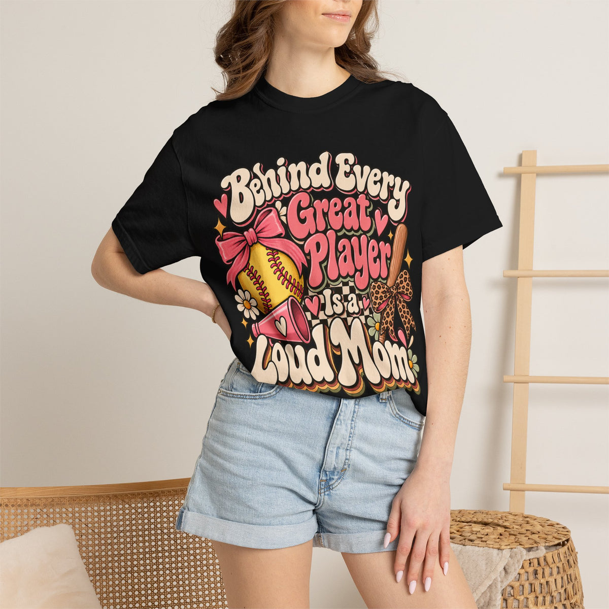 Softball Mom T-Shirt — "Behind Every Great Player Is a Proud Mom" Vintage Floral Design
