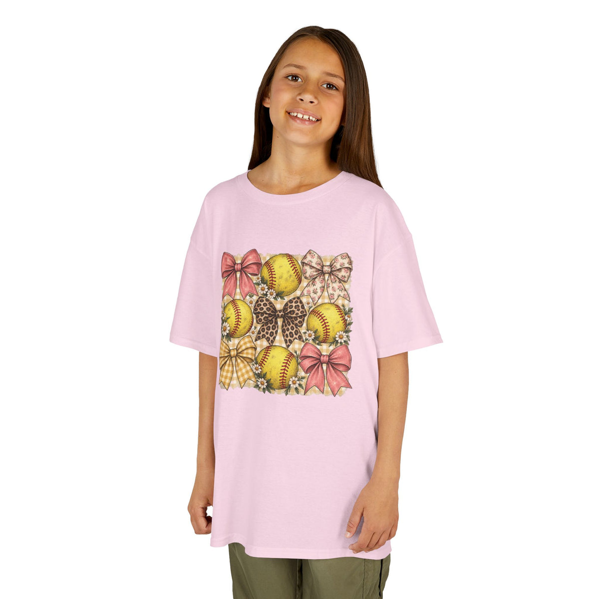 Kids Softball Pattern Tee — Leopard Bows & Ribbons Sports Shirt