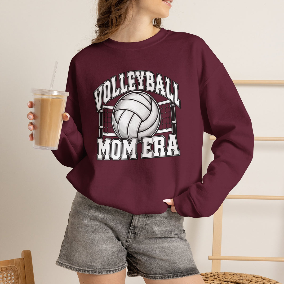 Volleyball Mom Crewneck Sweatshirt — Retro Volleyball Net Design