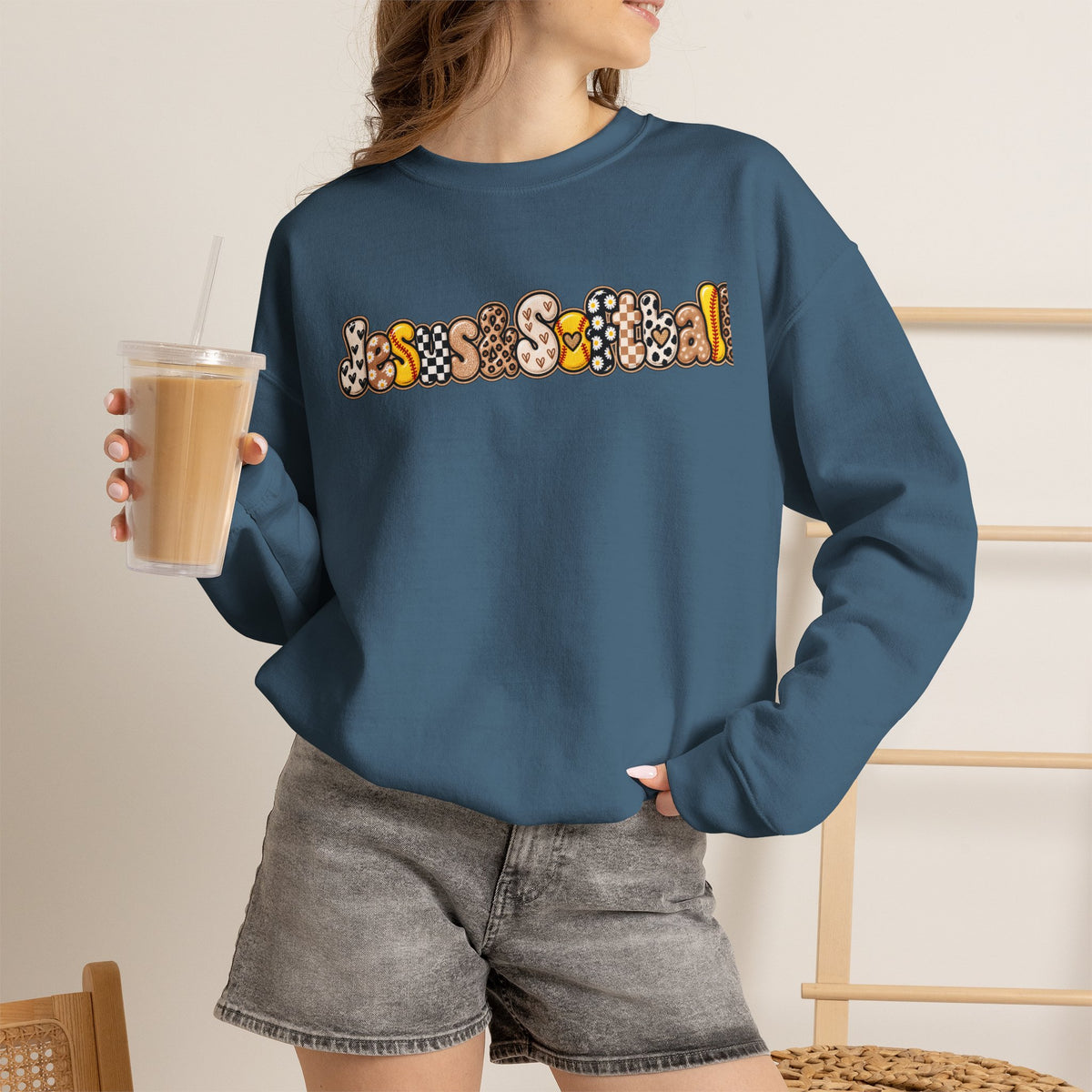 Jesus and Softball Cutsey Design Crewneck Sweatshirt