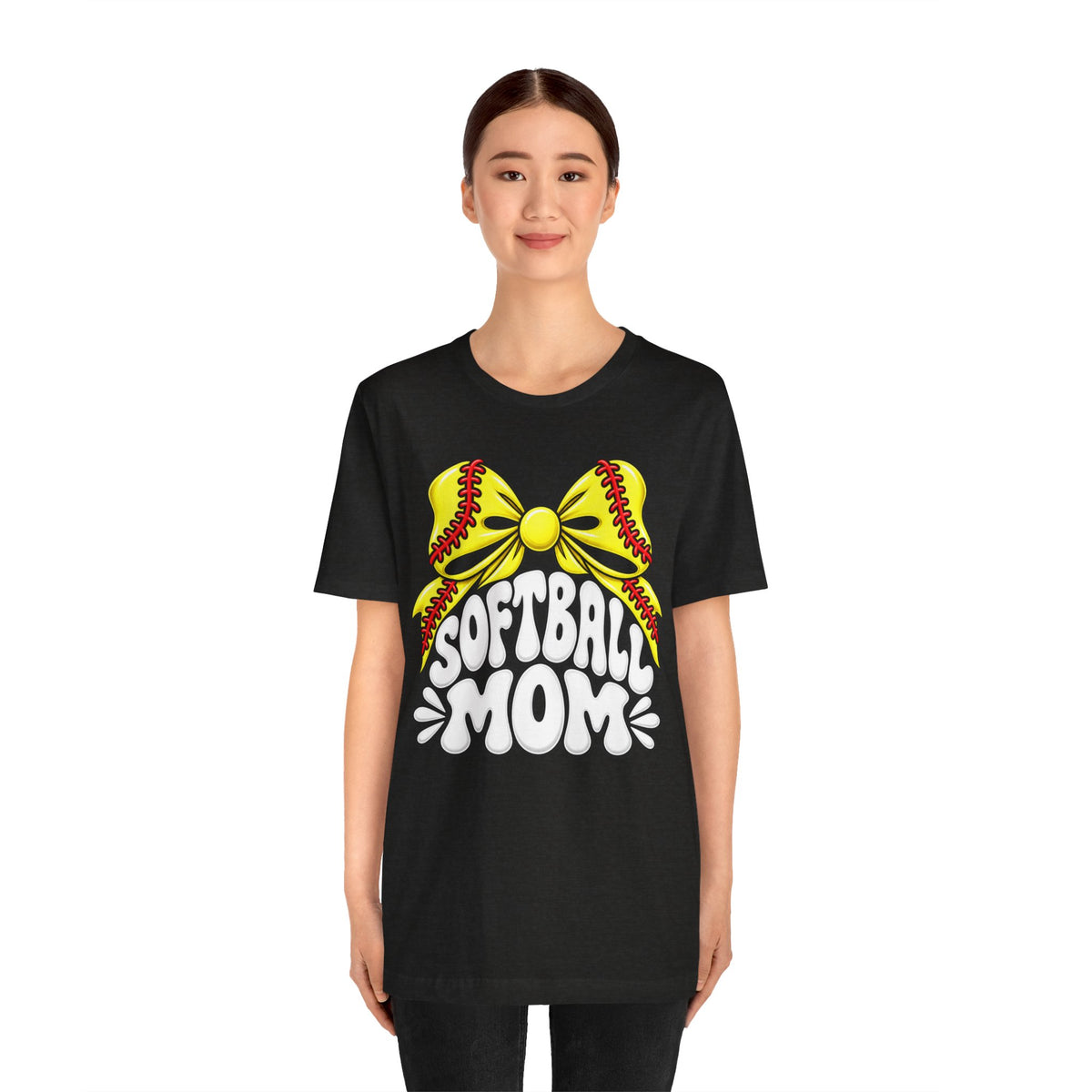 Softball Mom T-Shirt — Yellow Softball Bow Graphic Tee