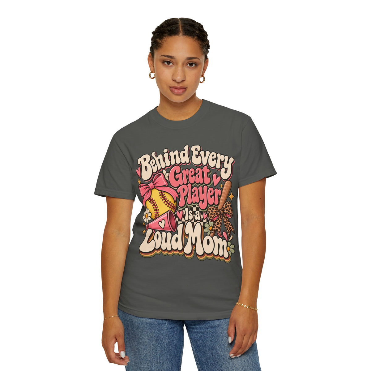 Softball Mom T-Shirt — "Behind Every Great Player Is a Proud Mom" Vintage Floral Design
