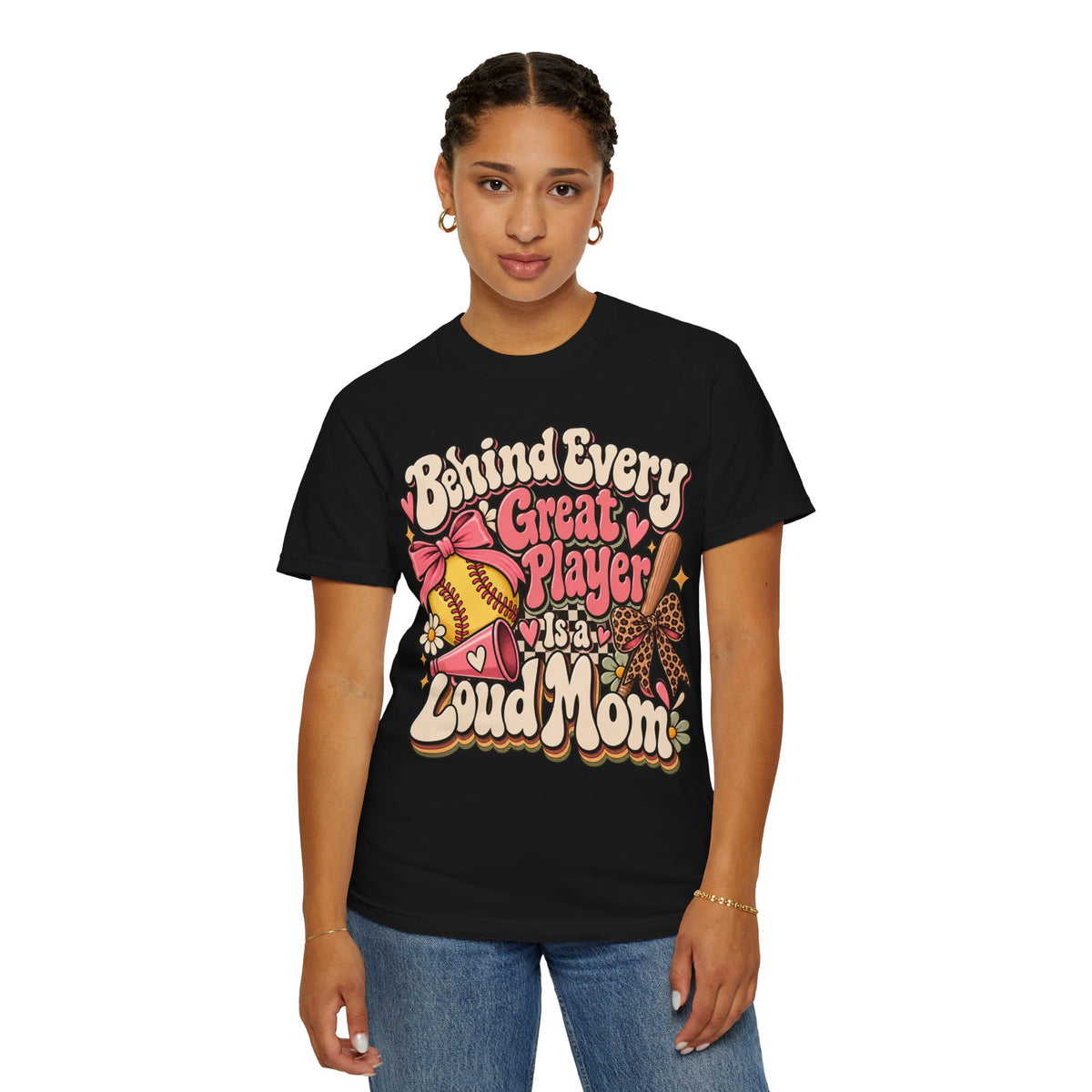 Softball Mom T-Shirt — "Behind Every Great Player Is a Proud Mom" Vintage Floral Design