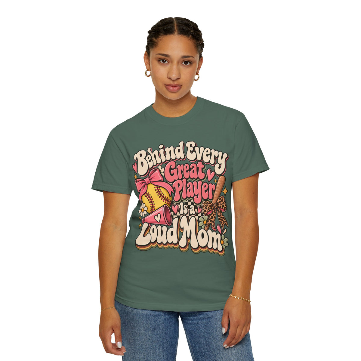 Softball Mom T-Shirt — "Behind Every Great Player Is a Proud Mom" Vintage Floral Design