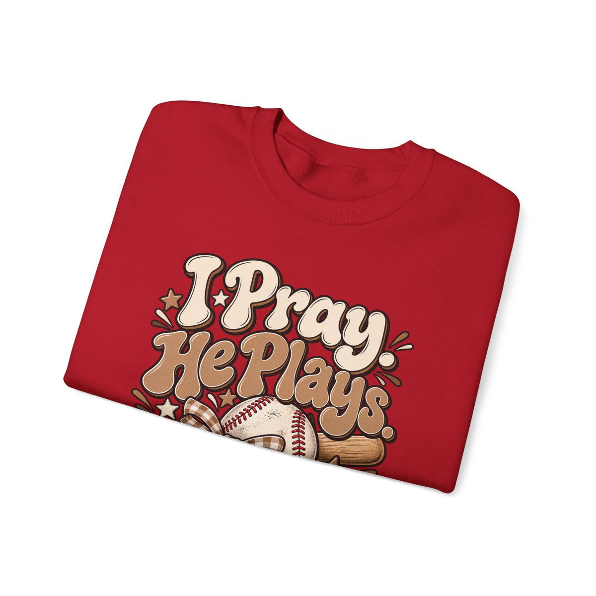 Prayerful Baseball Crewneck Sweatshirt — “I Pray, He Plays, God Leads”