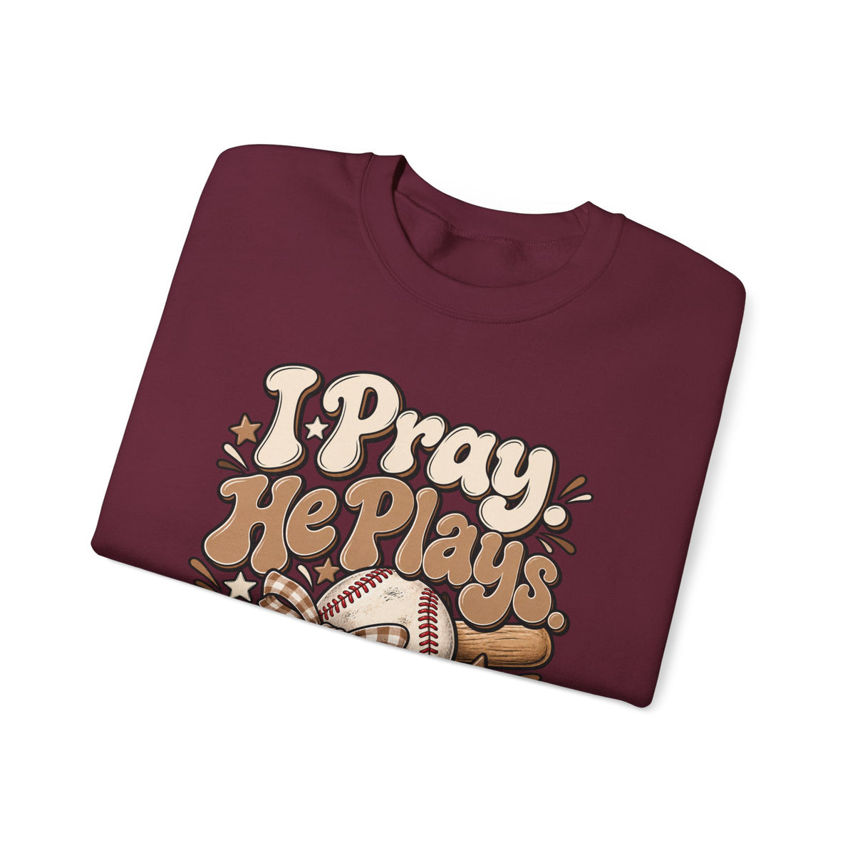 Prayerful Baseball Crewneck Sweatshirt — “I Pray, He Plays, God Leads”