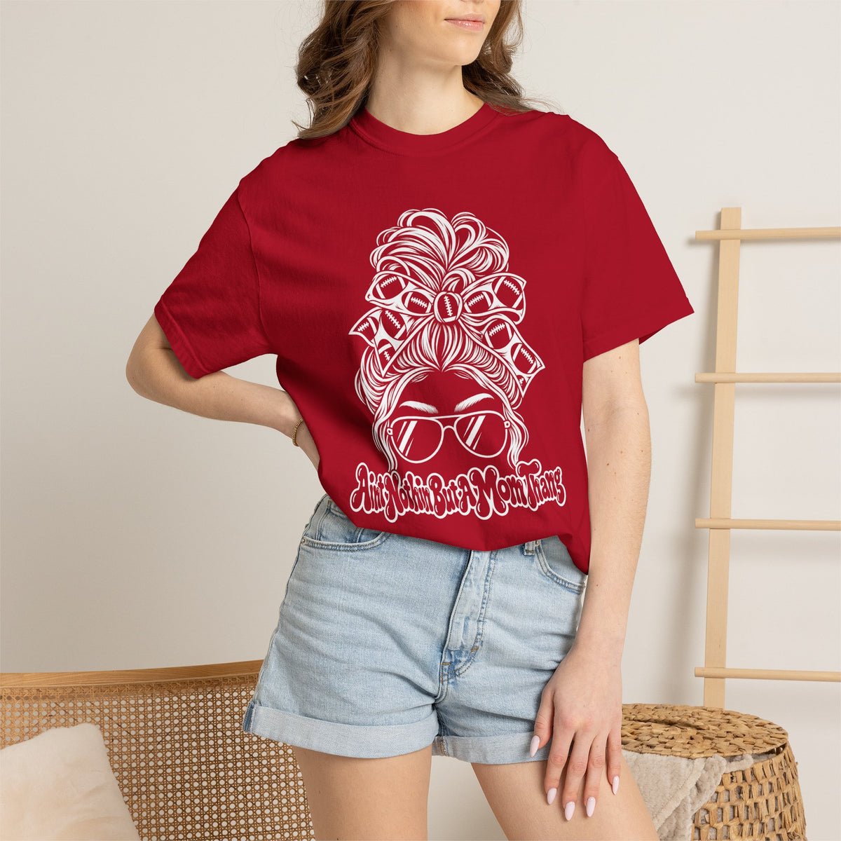 Aint Nothin But A Mom Thang Messy Bun Sunglasses T-Shirt — Football Headband Graphic Tee