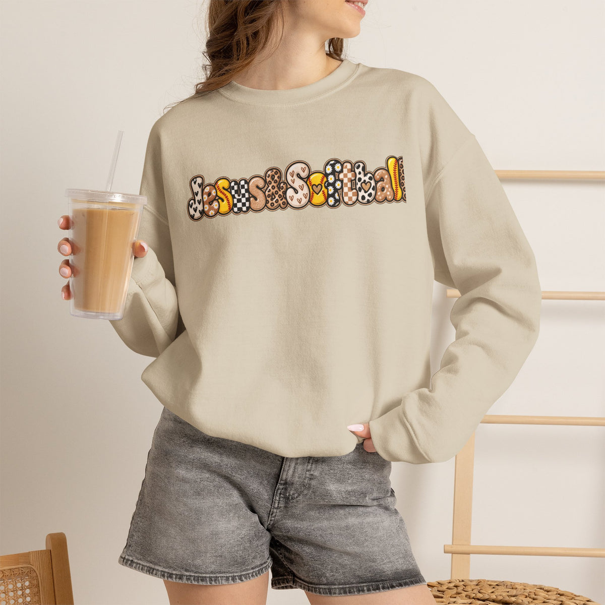 Jesus and Softball Cutsey Design Crewneck Sweatshirt