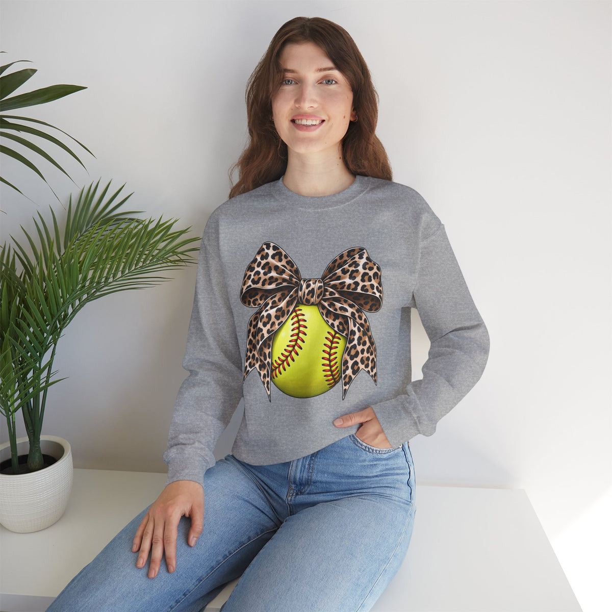 Softball Crewneck Sweatshirt with Leopard Bow Graphic