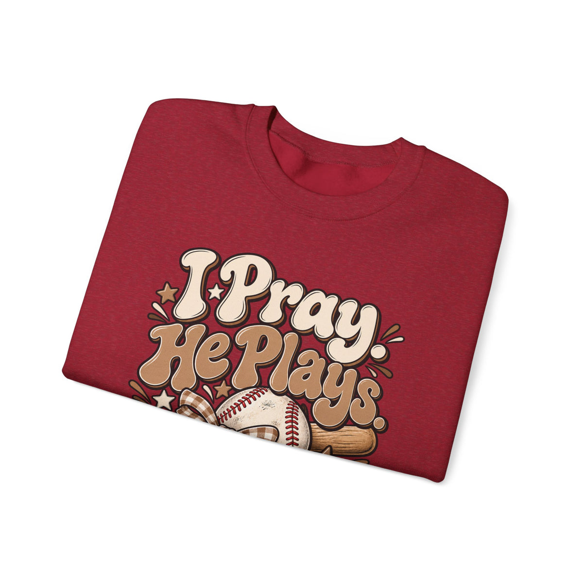Prayerful Baseball Crewneck Sweatshirt — “I Pray, He Plays, God Leads”