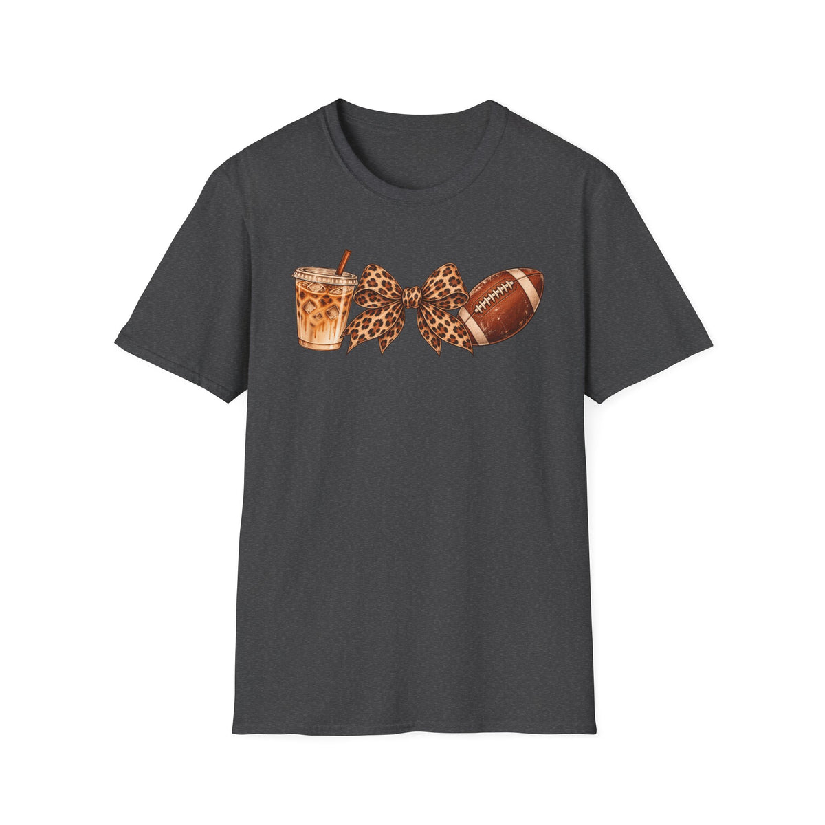 Iced Coffee, Leopard Bow & Football Graphic Tee — Game Day Mom Shirt
