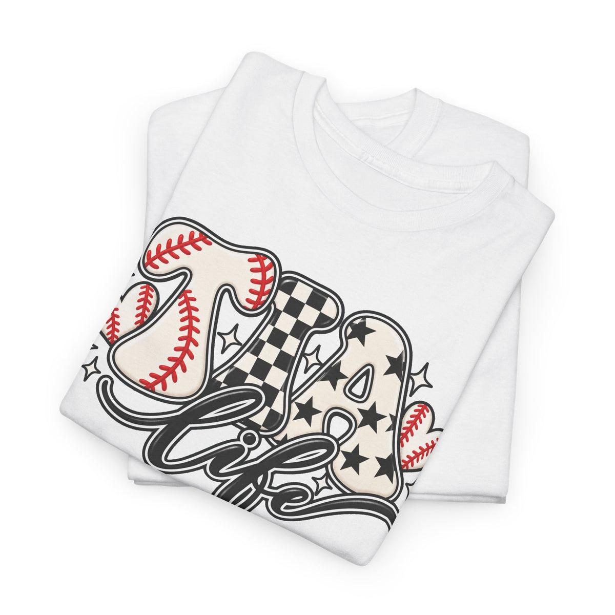 Baseball Life T-Shirt — Retro Heart & Checkerboard Softball Design