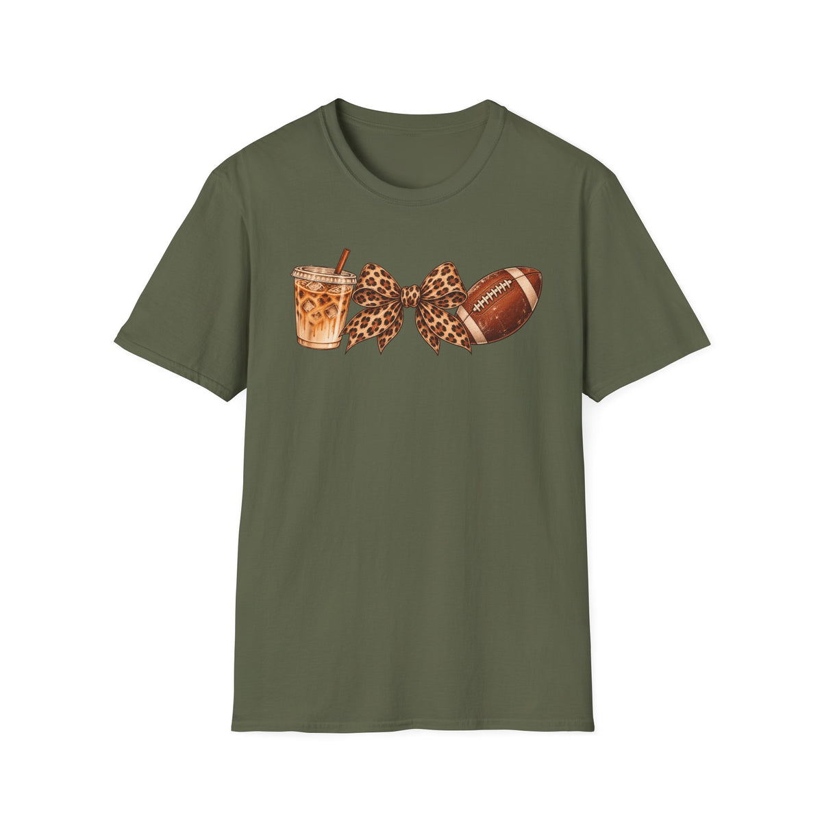 Iced Coffee, Leopard Bow & Football Graphic Tee — Game Day Mom Shirt