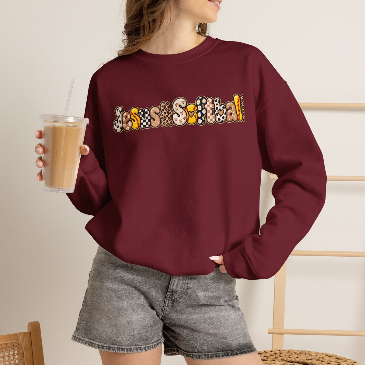 Jesus and Softball Cutsey Design Crewneck Sweatshirt