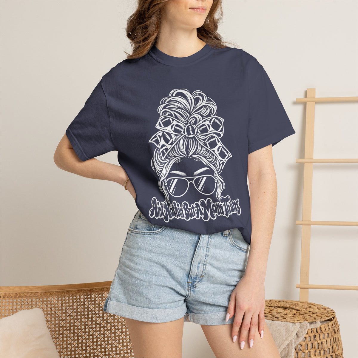 Aint Nothin But A Mom Thang Messy Bun Sunglasses T-Shirt — Football Headband Graphic Tee