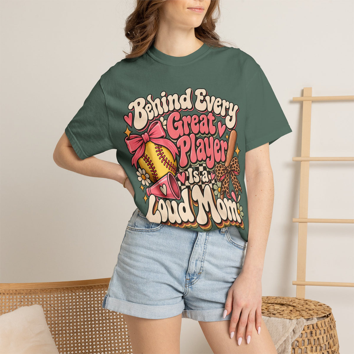 Softball Mom T-Shirt — "Behind Every Great Player Is a Proud Mom" Vintage Floral Design