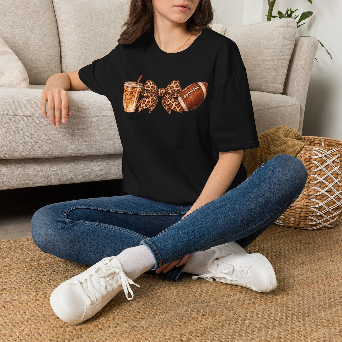 Iced Coffee, Leopard Bow & Football Graphic Tee — Game Day Mom Shirt