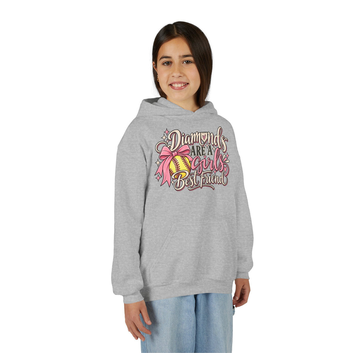 Youth Hoodie - "Diamonds Are A Girl's Best Friend" Softball Design (Pink Ribbon)